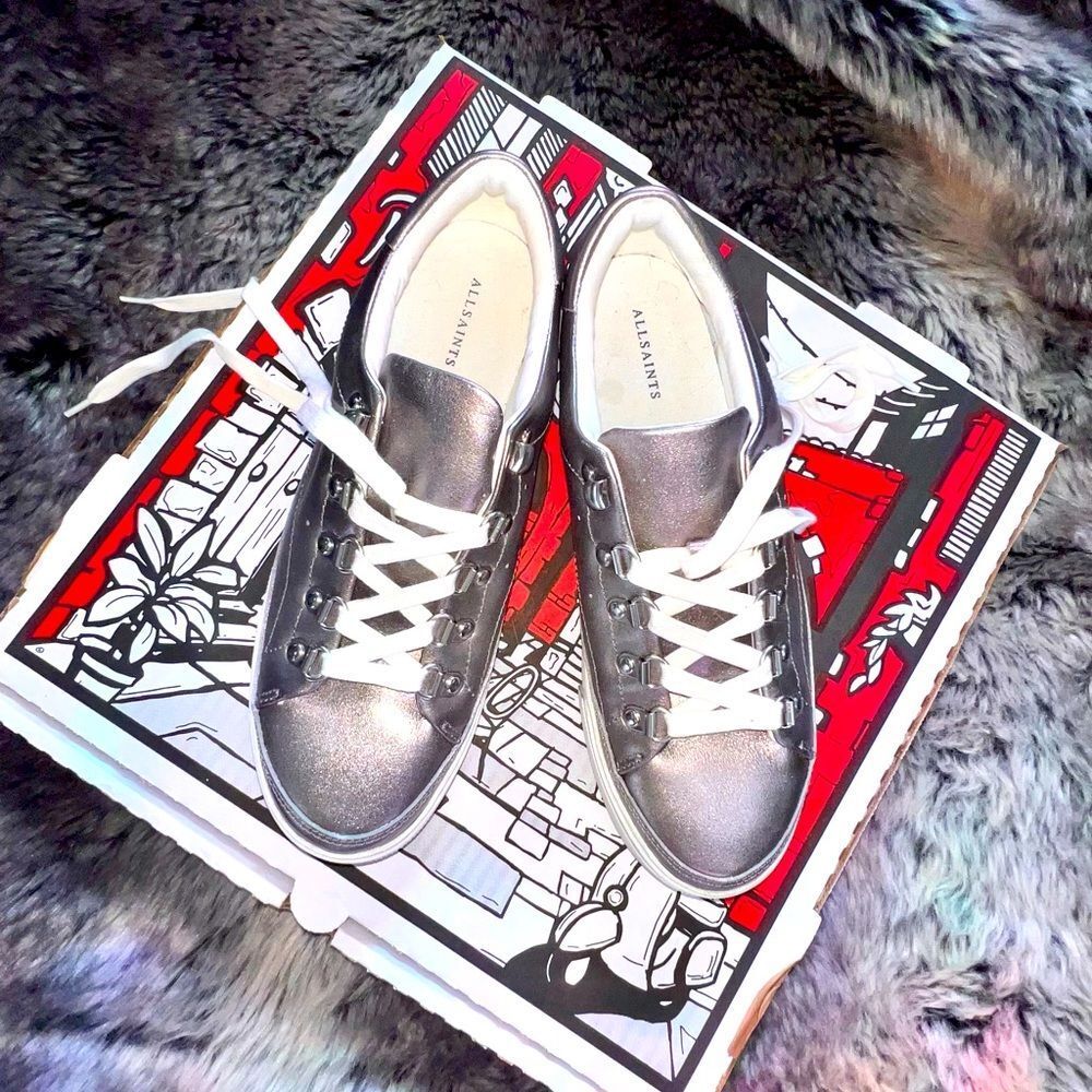 AllSaints Quinn Silver Pewter Metallic Leather Lace Up Sneakers